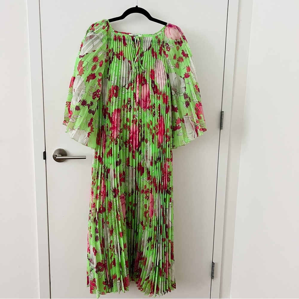 Christopher John Rogers Green/ Pink Floral Pleated Dress with Slip Size Medium